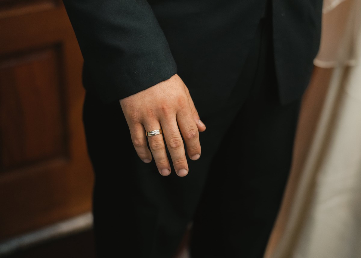 The groom's wedding ring in a close-up portrait