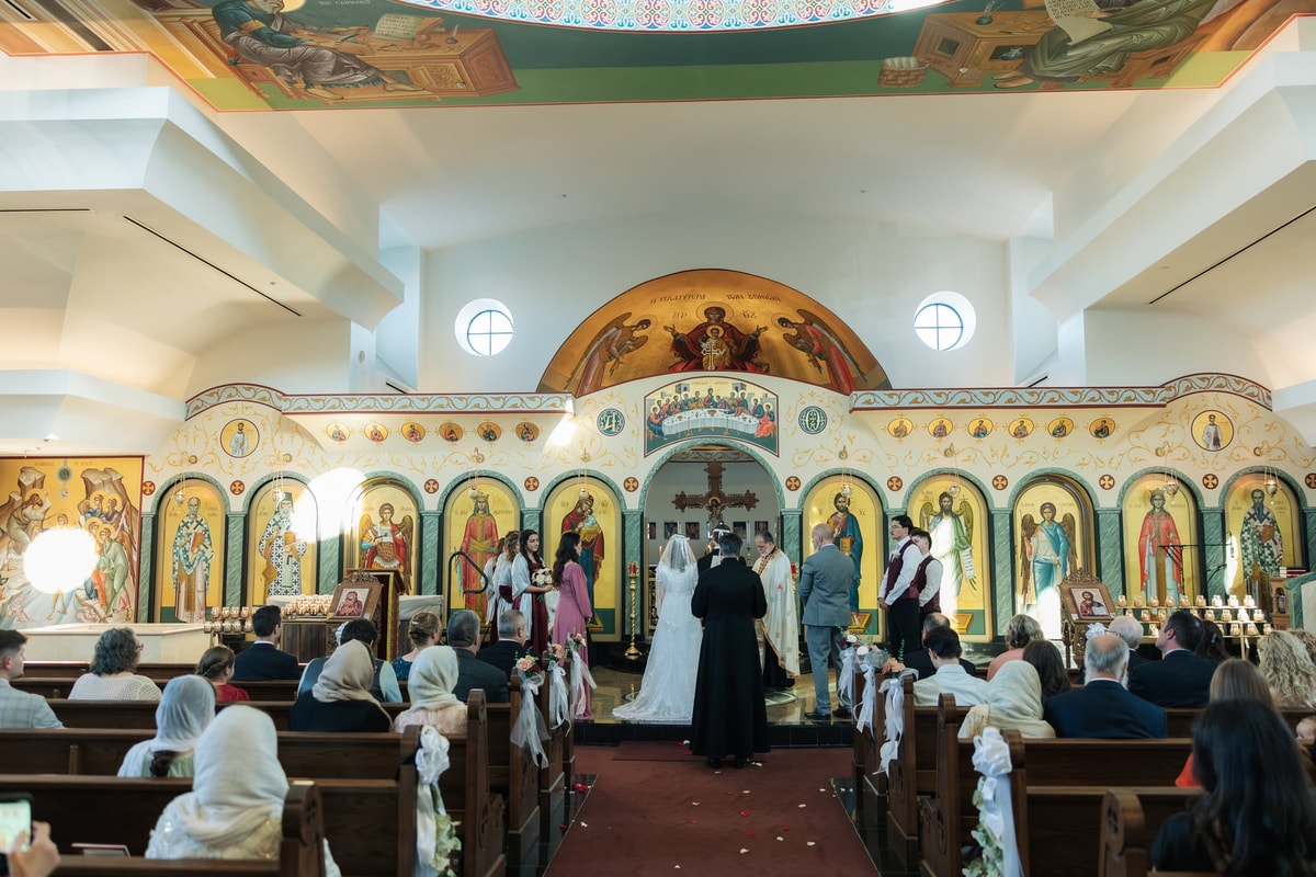 An Orthodox wedding service seen across the church nave
