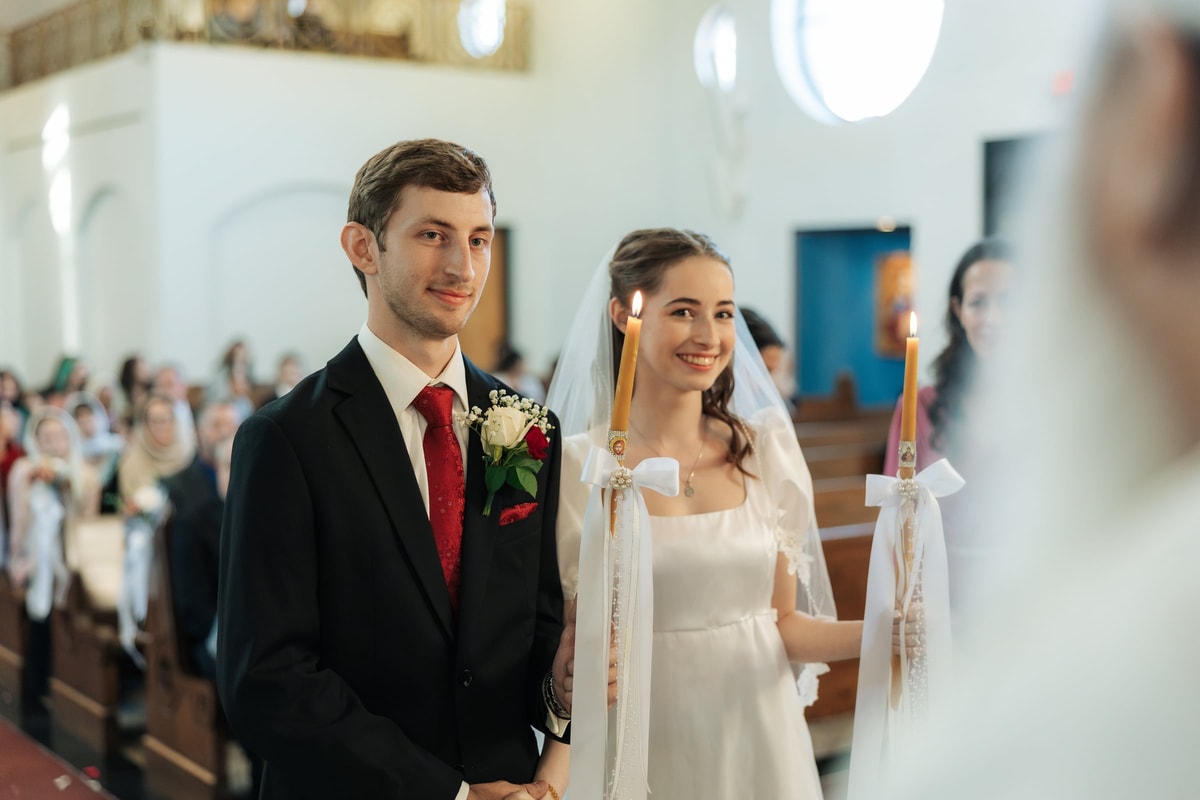 The bride and groom smile after the wedding rite
