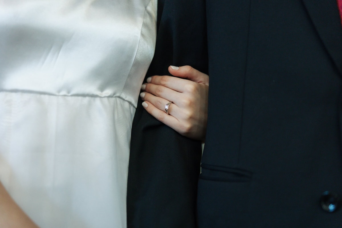 The couple's hands showing their wedding rings
